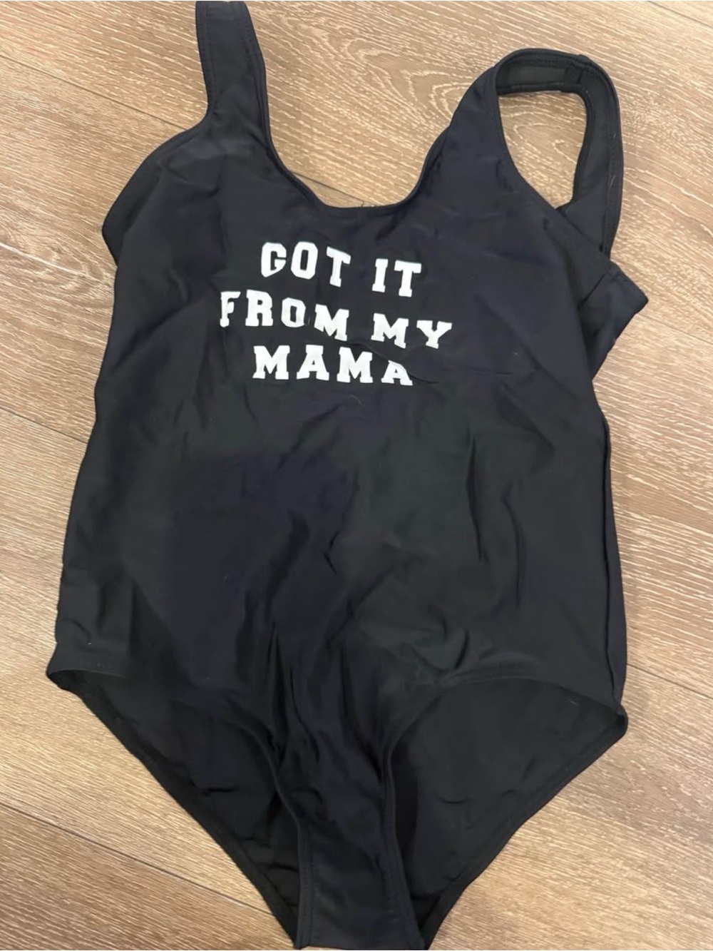 Black One-Piece Swimsuit with "Got It From My Mama" Text